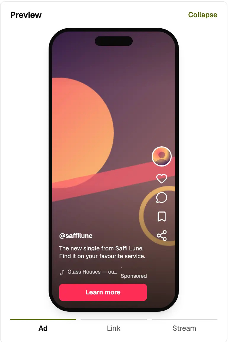 Phone preview of the same campaign as a TikTok ad